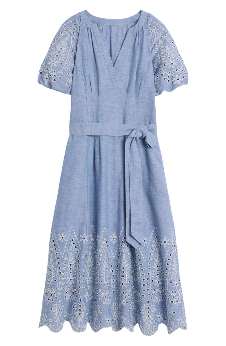 Boden Florence Embroidered Eyelet Linen & Cotton Puff Sleeve Dress, Alternate, color, Grey Blue Chambray