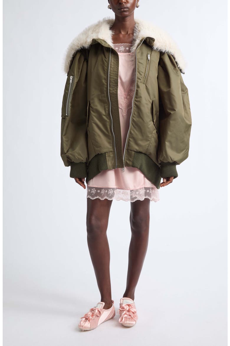 Oversize Bomber Jacket with Split Faux Fur Hood, Main, color, KHAKI/ BLONDE