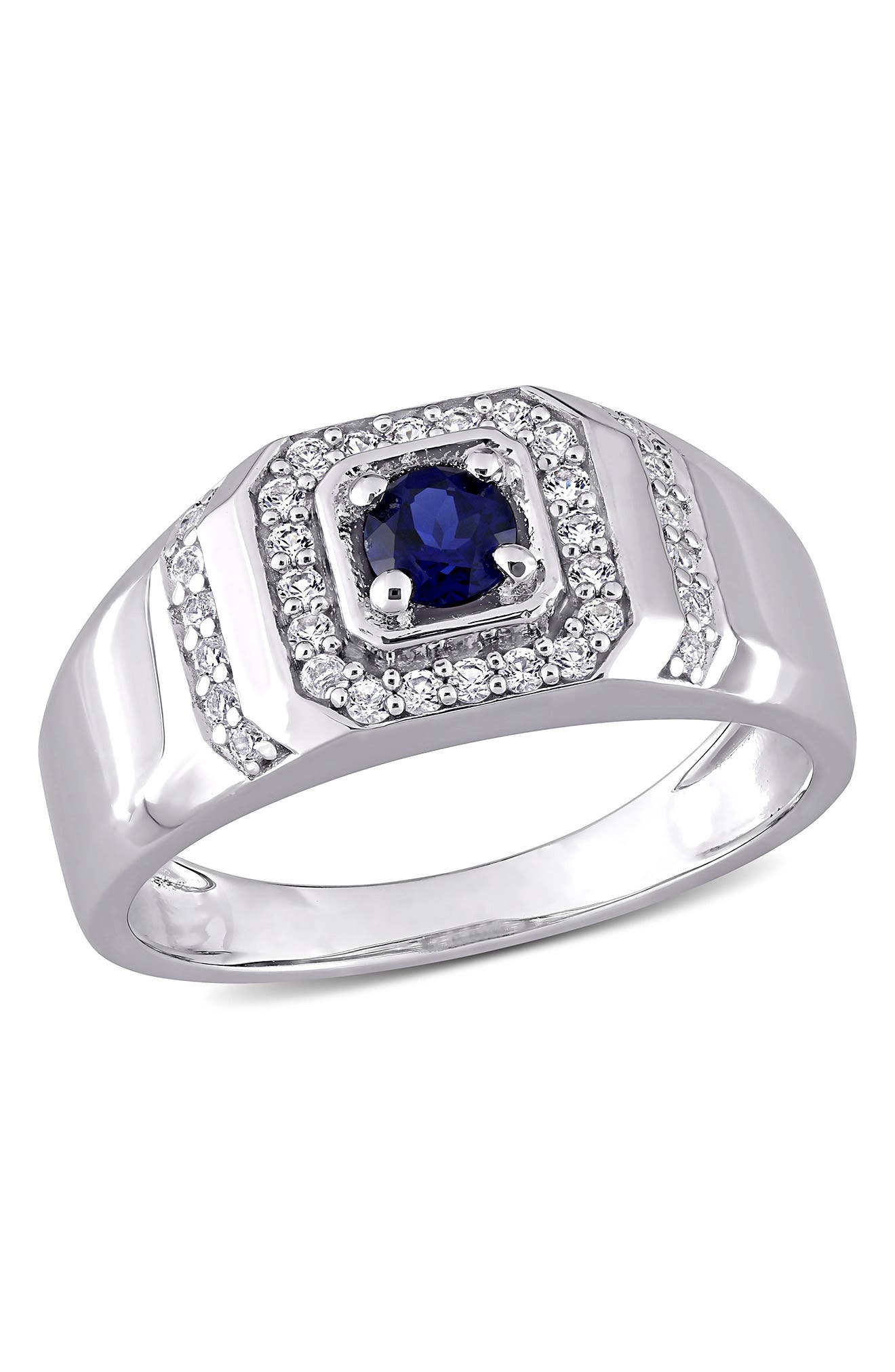 DELMAR Men's Sterling Silver Created White & Blue Sapphire Halo Ring