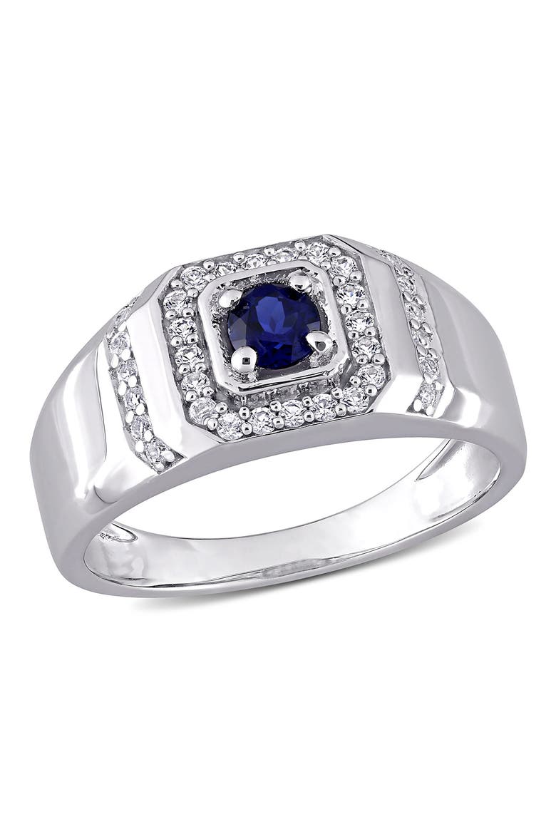 Men's Sterling Silver Created White & Blue Sapphire Halo Ring, Main, color, WHITE