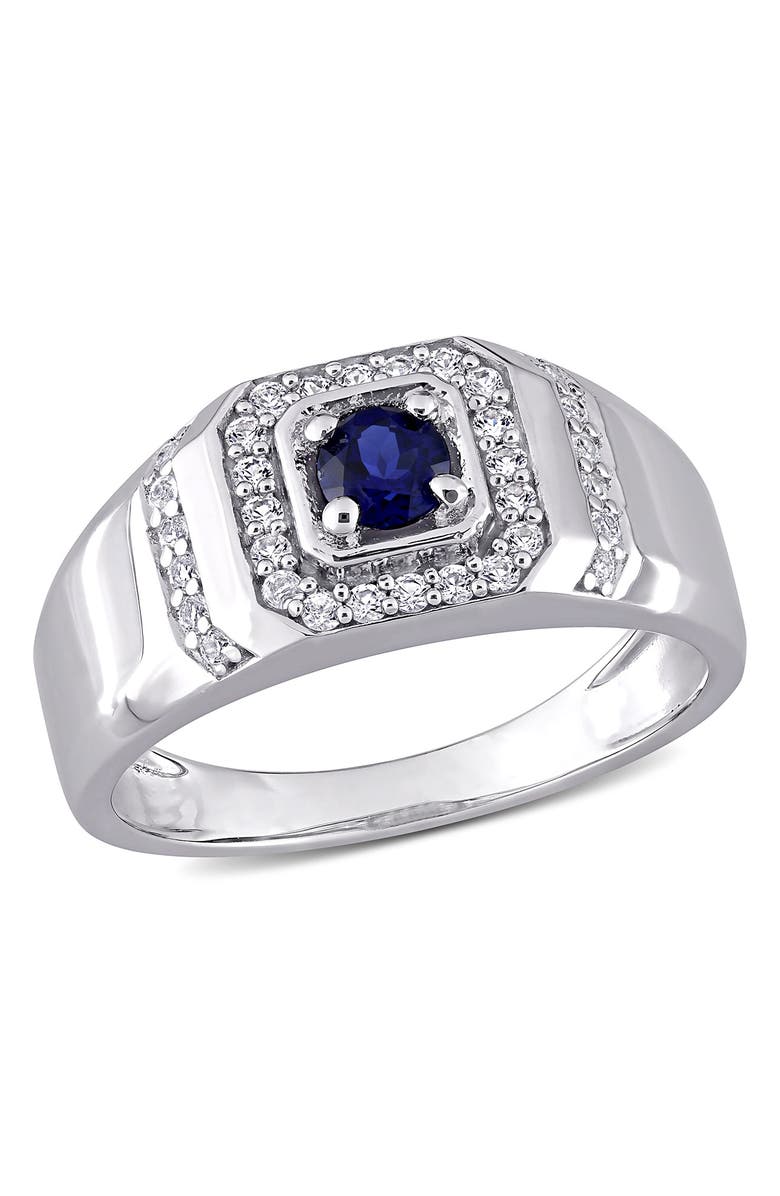 DELMAR Men's Sterling Silver Created White & Blue Sapphire Halo Ring, Main, color, White