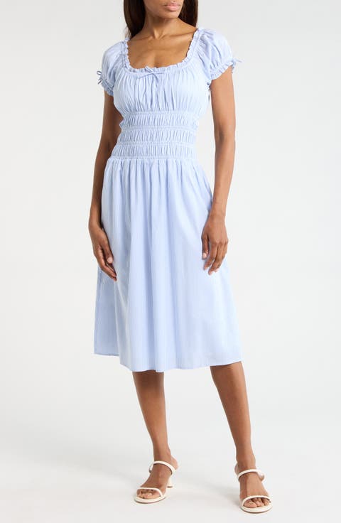 Shirred Cotton Midi Dress