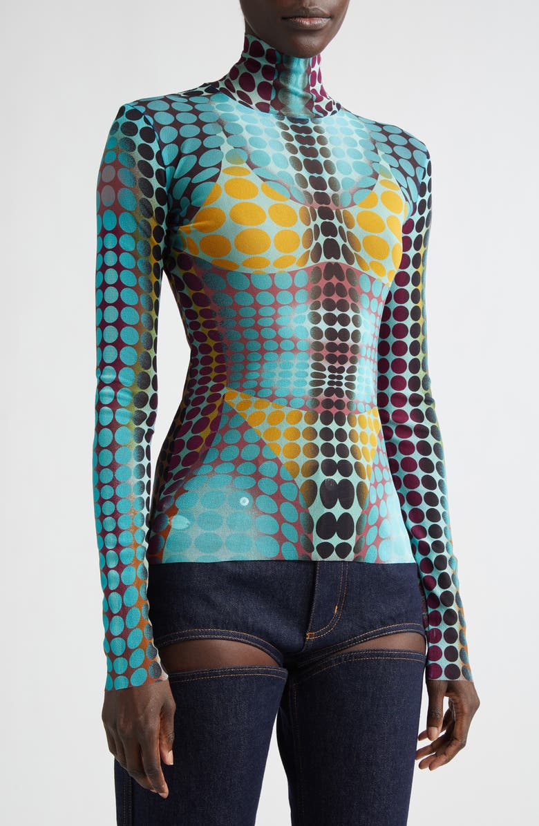 Jean Paul Gaultier Re-Edition Polka Dot Trompe l'Oeil Long Sleeve Mesh Top, Alternate, color, Blue/ Purple/ Yellow