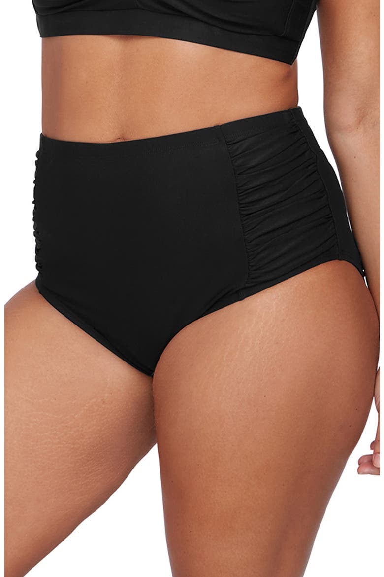 Hues High Waist Ruched Bikini Bottoms, Alternate, color, BLACK