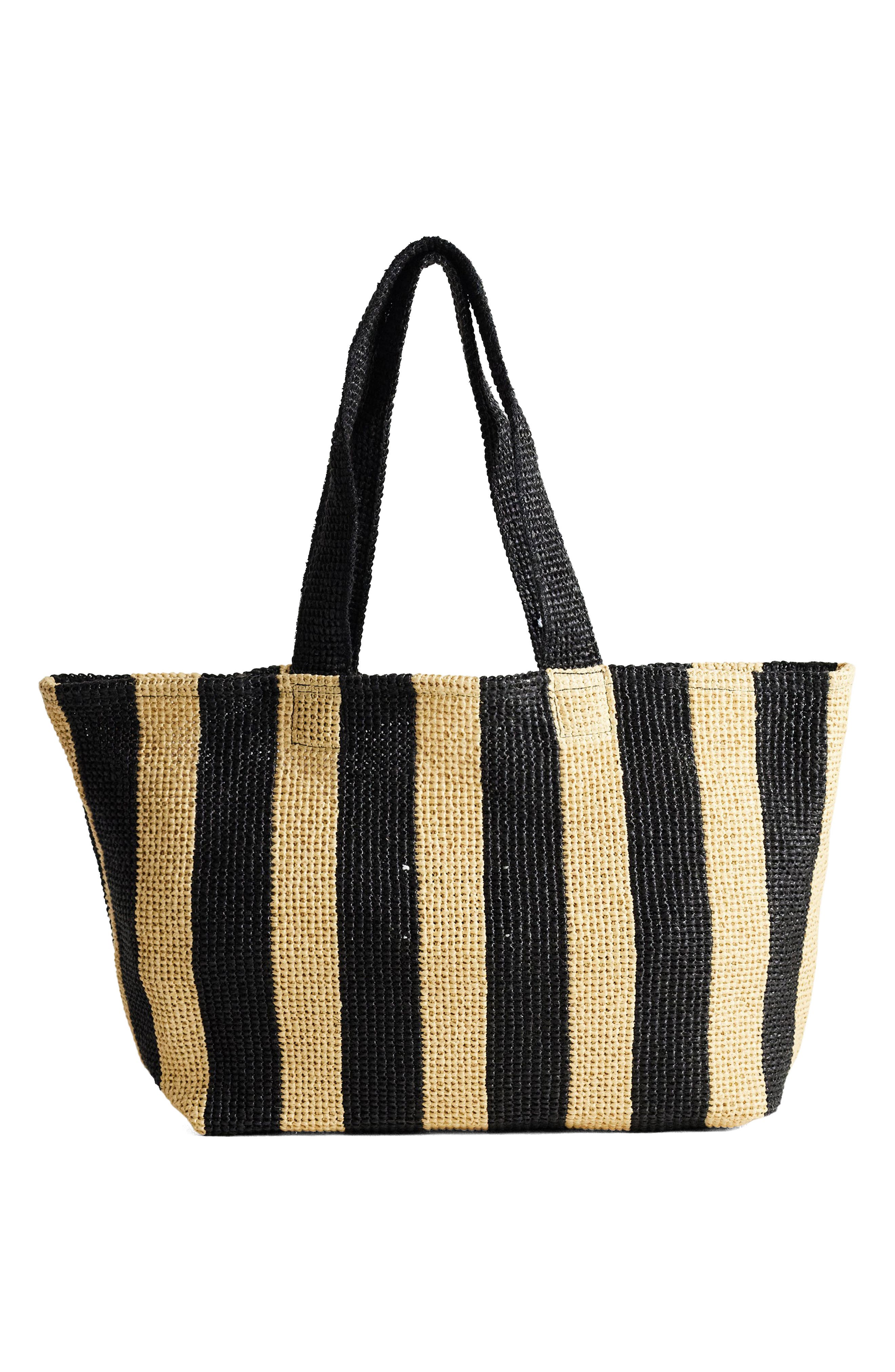 Selia Stripe Straw Tote, Alternate, color, BLACK