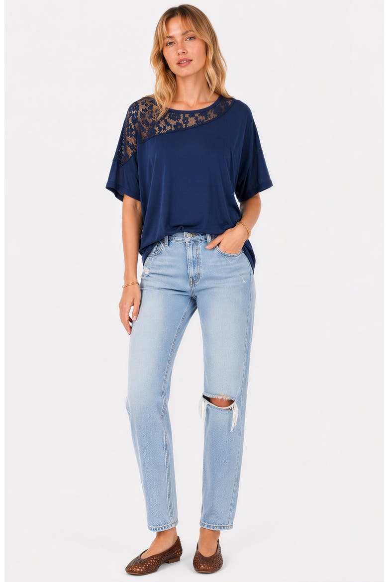 Asymmetrical Lace Drop Shoulder T-Shirt, Alternate, color, NAVY