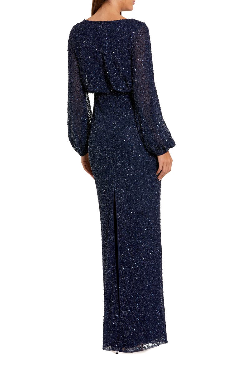 Beaded Mesh Blouson Sleeve Evening Gown, Alternate, color, Navy