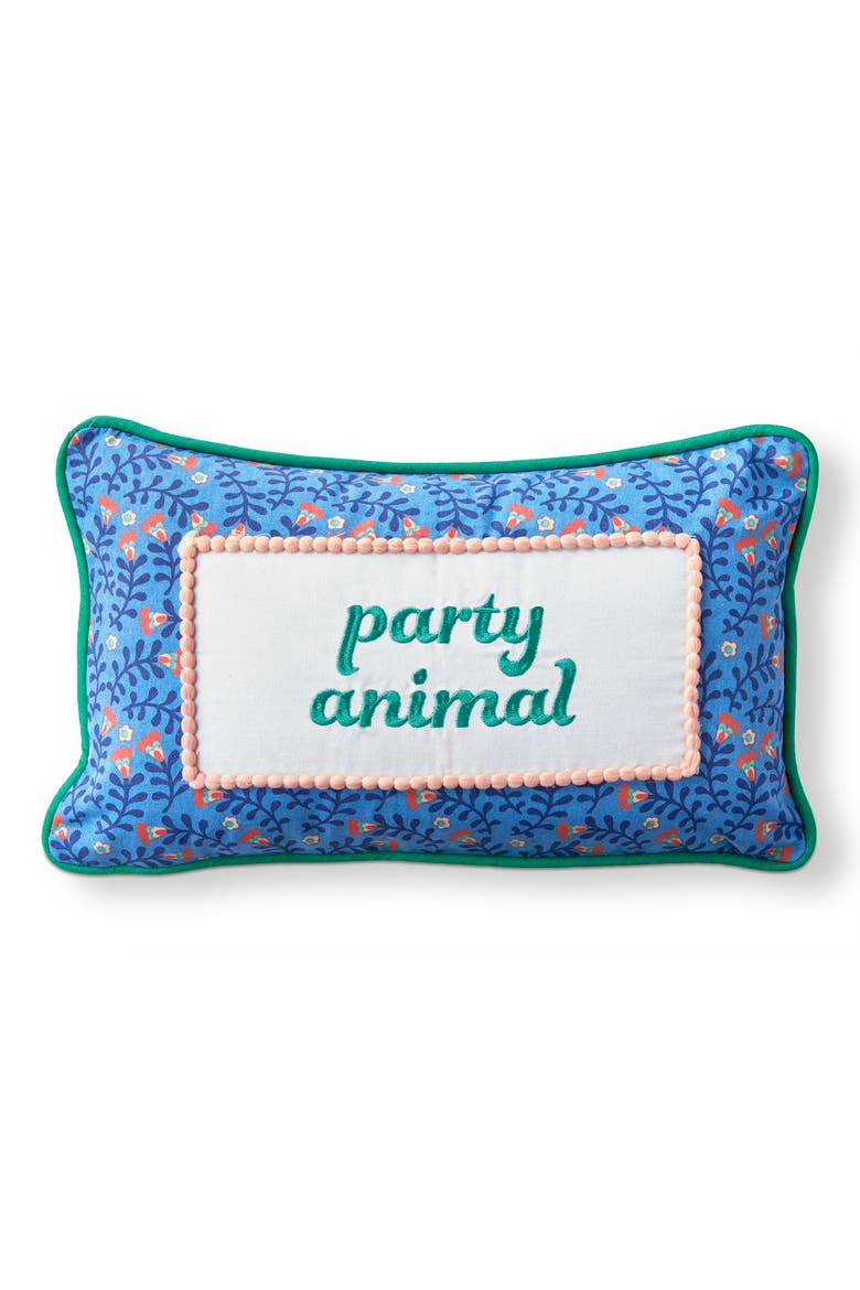 Party Animal Lumbar Pillow Blue Multi Cotton Cover 15x9x2 in, Main, color, Blue