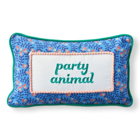 Party Animal Lumbar Pillow Blue Multi Cotton Cover 15x9x2 in