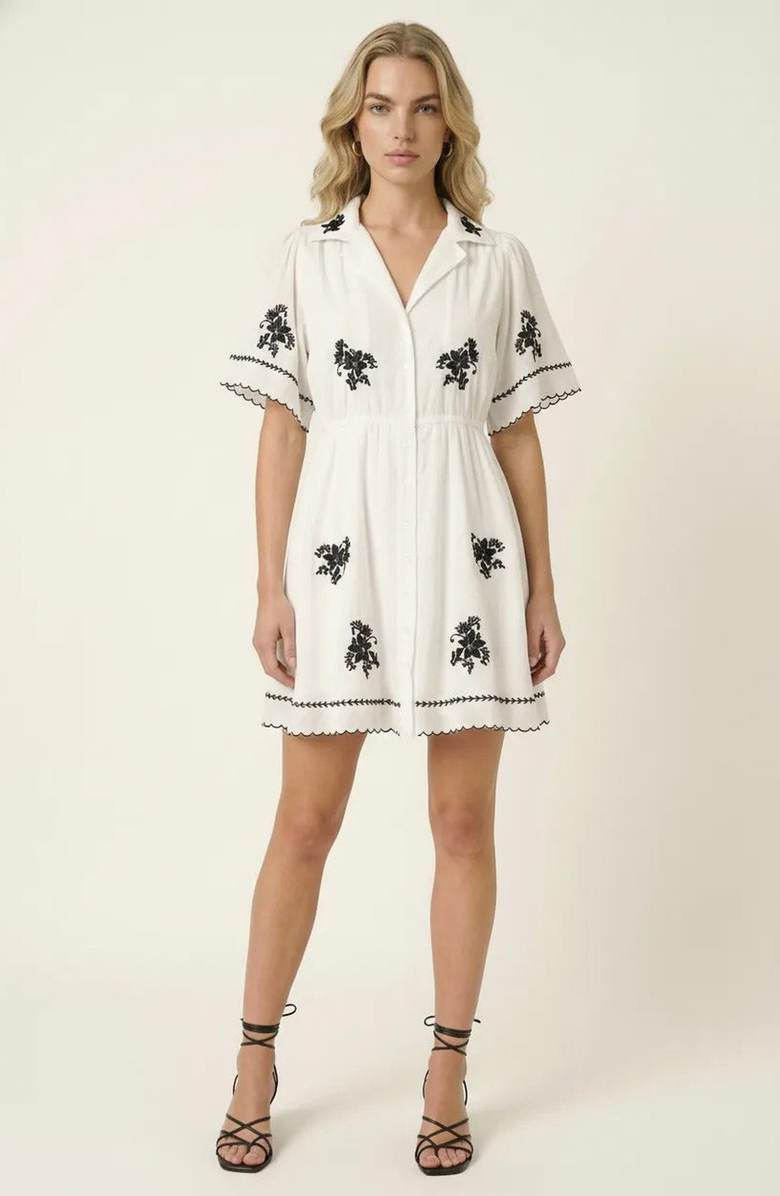 Modenaire Short-Sleeve Button-Front Embroidered Shirt Dress, Alternate, color, White / Black