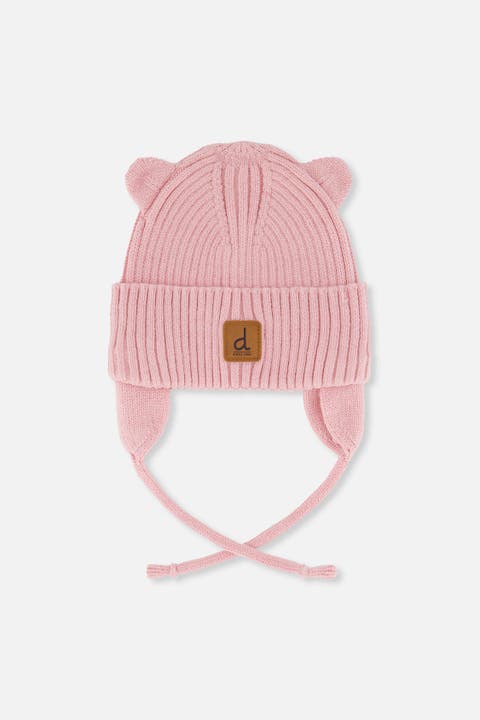 Ribbed Bear Ear Tie Strings Knit Hat