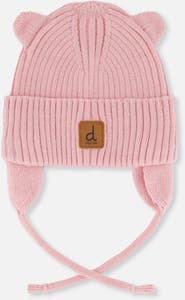 Deux par Deux Ribbed Bear Ear Tie Strings Knit Hat