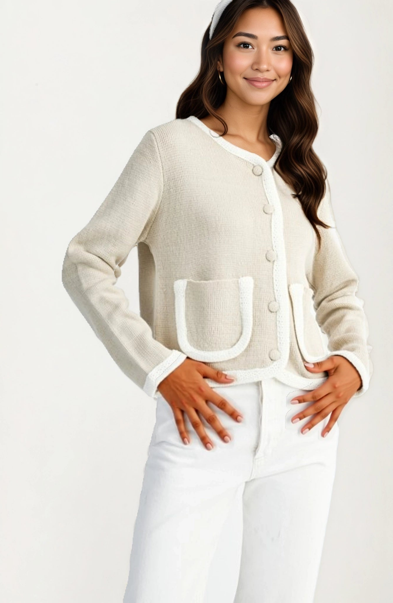 Knit and Lounge Button Front Contrast Trim Patch Pocket Cardigan, Alternate, color, Beige With White Trim