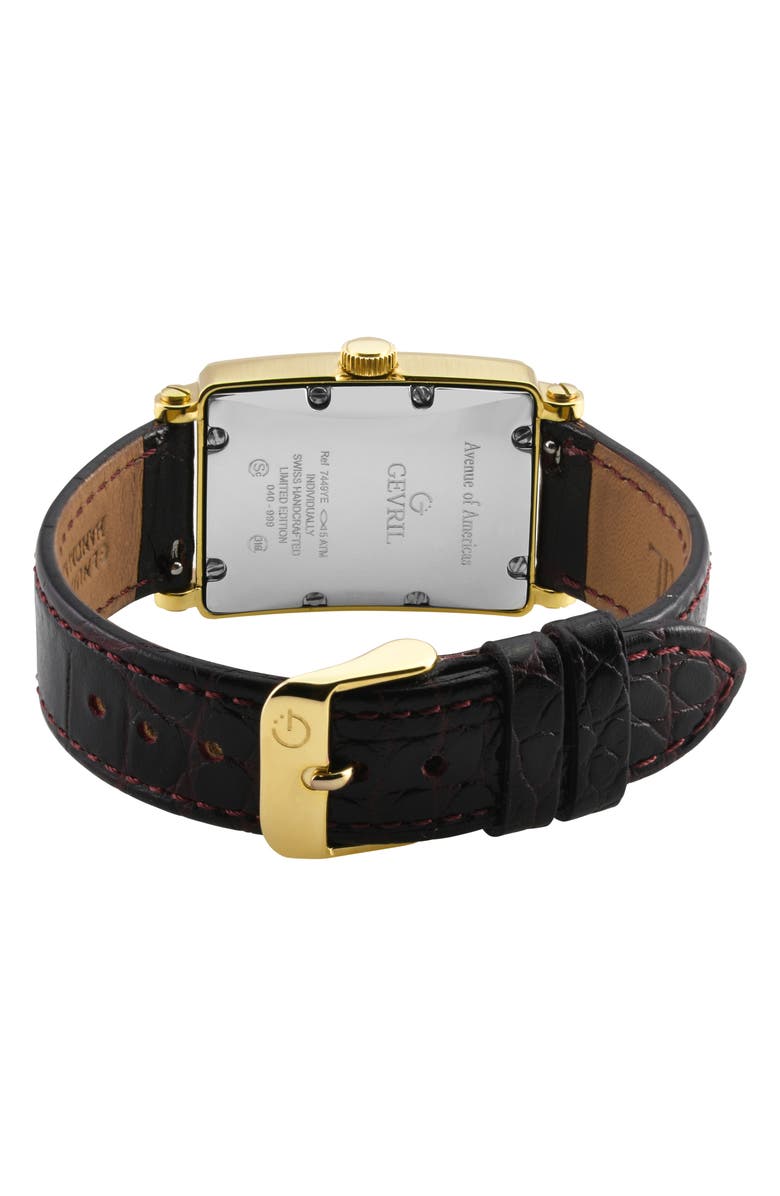 GEVRIL Ave of America's Mini Diamond Croc Embossed Leather Strap Watch, 25mm x 32mm - 0.75 ctw, Alternate, color, Black