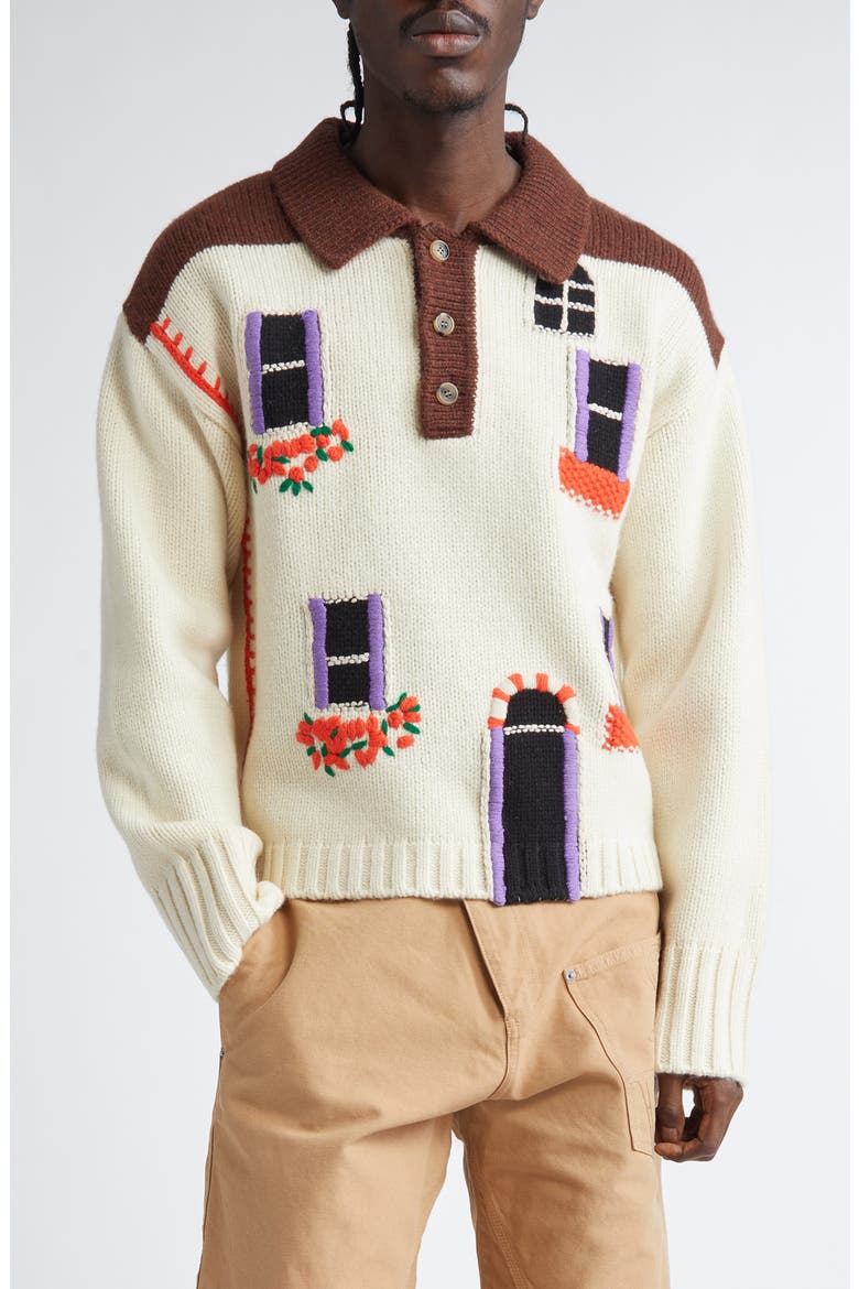 House Intarsia Embroidered Wool Polo Sweater, Main, color, FLAX