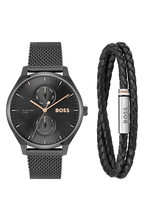 Tyler Mesh Strap Watch, 43mm & Leather Bracelet Set