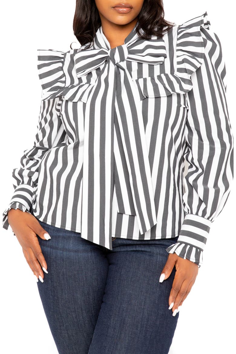 Stripe Ruffle Bow Neck Shirt, Main, color, BLACK