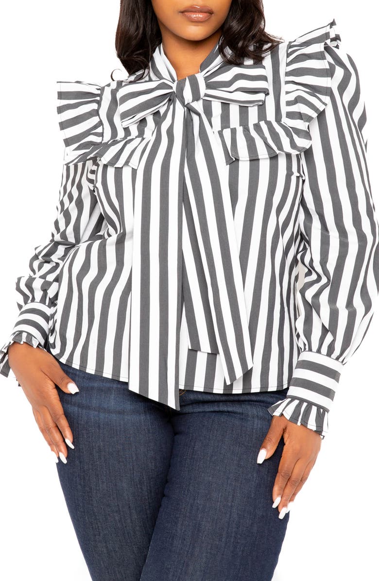 BUXOM COUTURE Stripe Ruffle Bow Neck Shirt, Main, color,