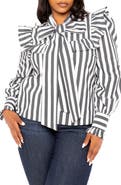 BUXOM COUTURE Stripe Ruffle Bow Neck Shirt