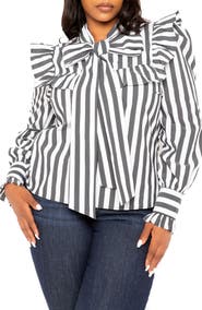BUXOM COUTURE Stripe Ruffle Bow Neck Shirt