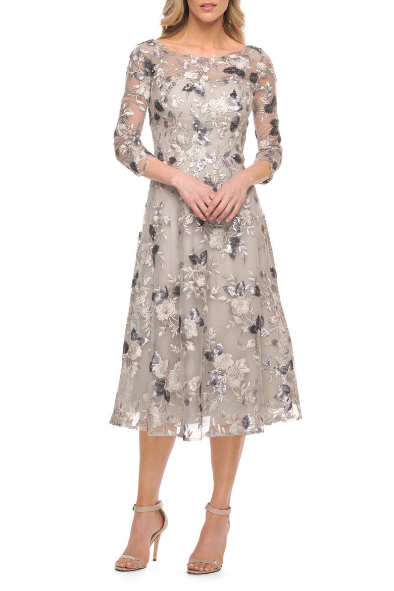 Embroidered Lace Fit & Flare Dress, Alternate, color, SILVER