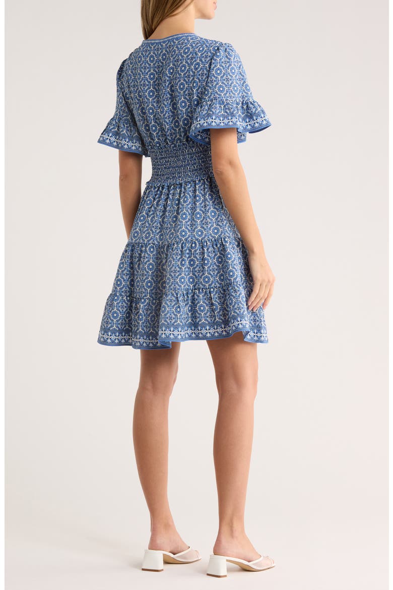 Short Sleeve Tiered Crepe Dress, Alternate, color, CREAM/ SKY CURVY CUBE