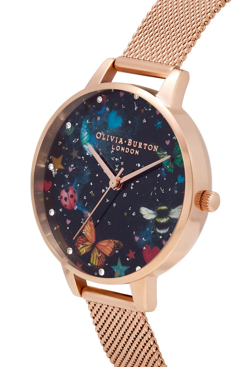 Night Garden Mesh Strap Watch, 34mm, Alternate, color, BLACK