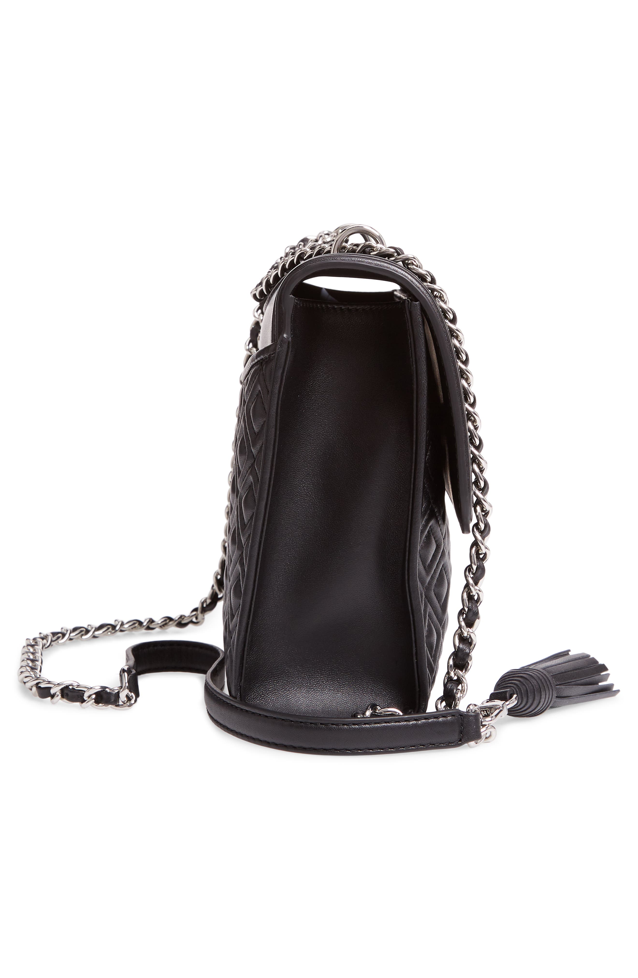 Tory Burch Fleming Quilted Lambskin Leather Convertible Shoulder Bag, Alternate, color, Black / Silver