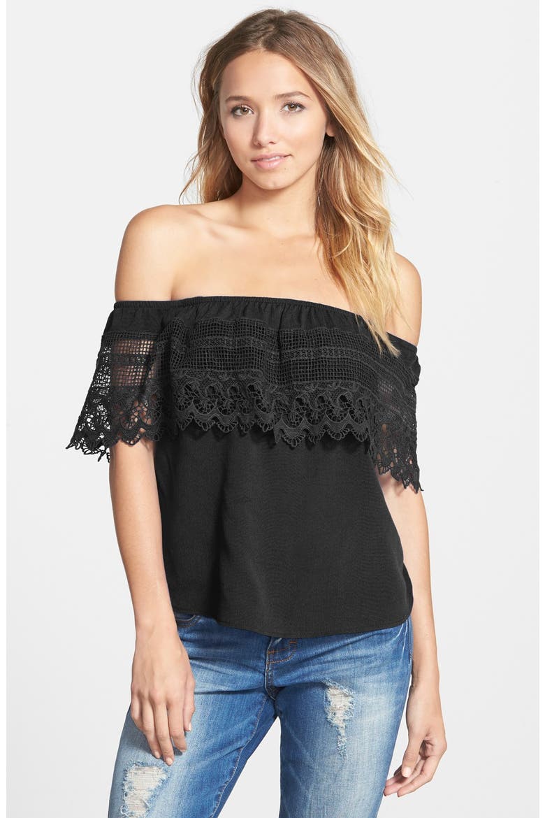 Crochet Off the Shoulder Top, Main, color, BLACK