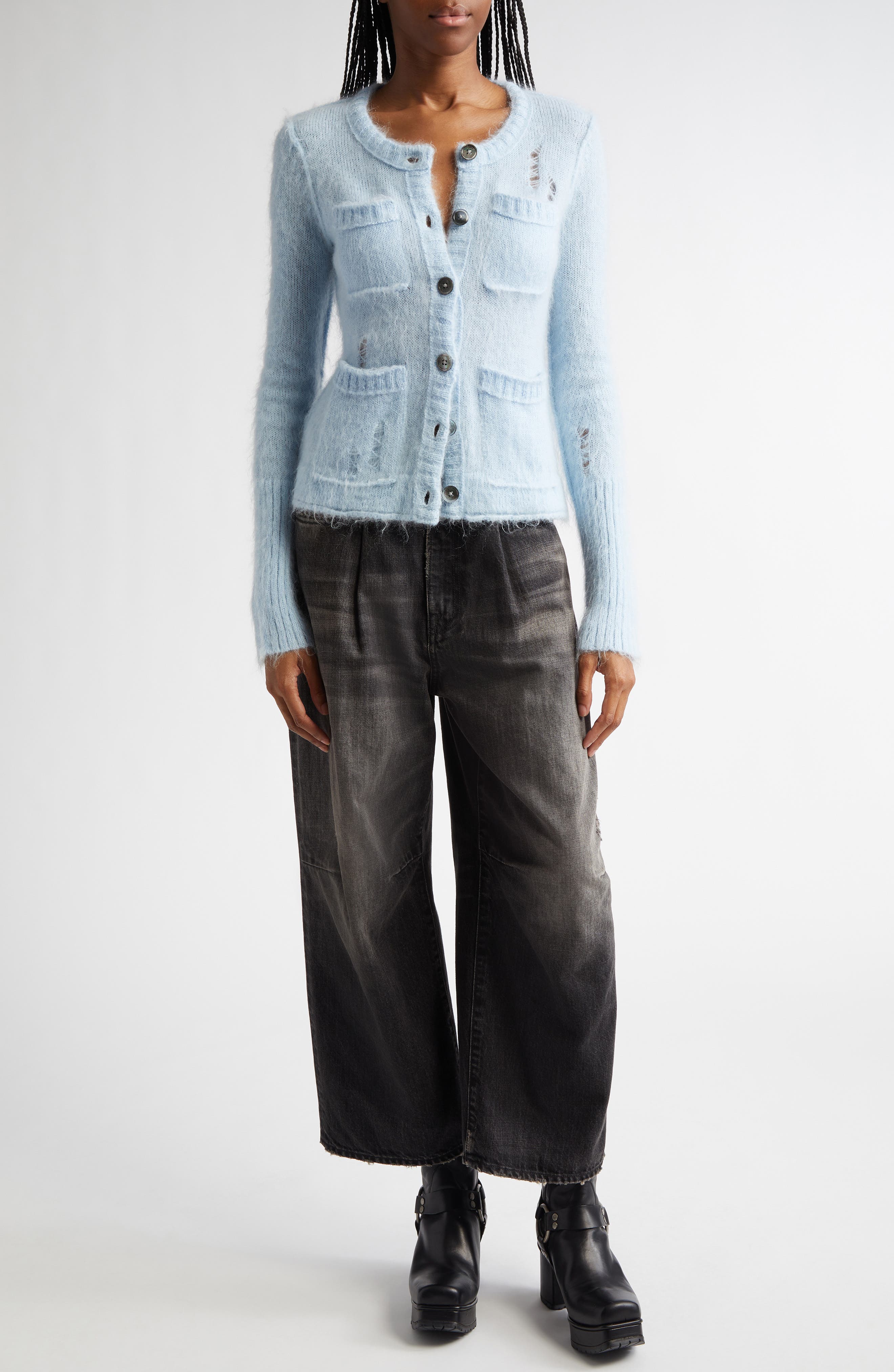 Elongated Shrunken Kid Mohair & Merino Wool Blend Cardigan - image 2