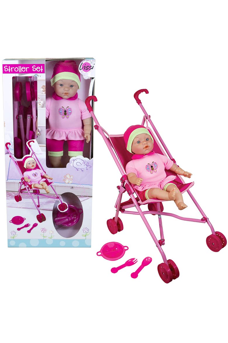16 Inch Baby Doll & Umbrella Stroller Set, Pink Butterfly Outfit, Hat, Alternate, color, Pink