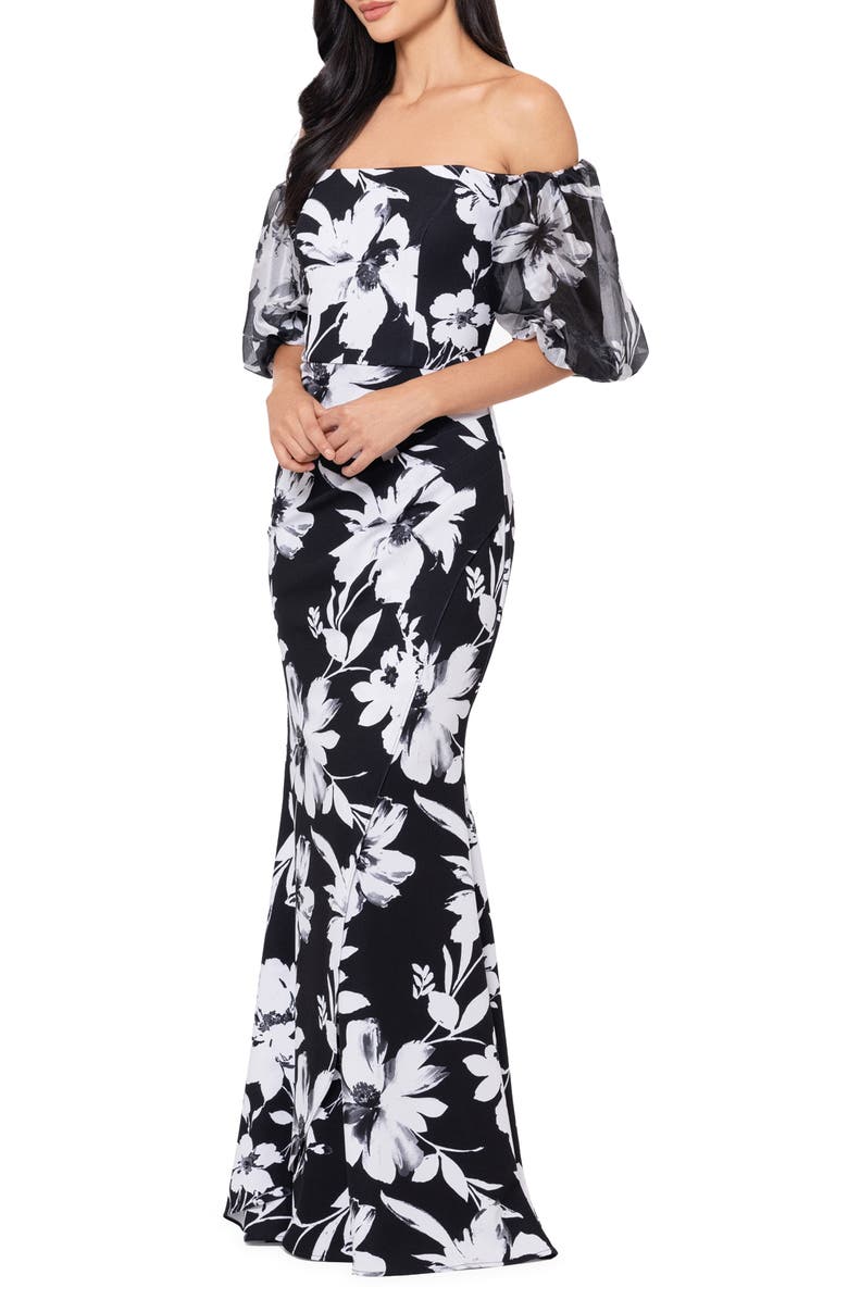 Xscape Evenings Floral Off the Shoulder Puff Sleeve Scuba Sheath Gown, Alternate, color, Black/ White