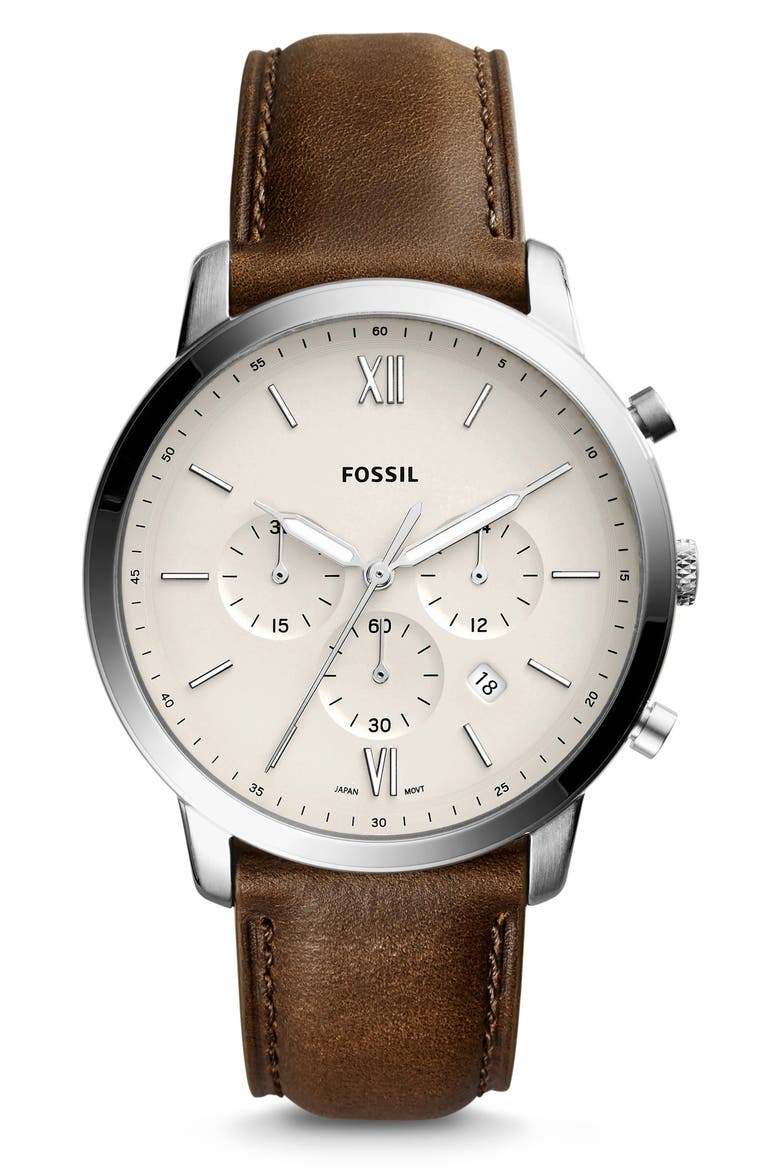 Neutra Chronograph Leather Strap Watch, 44mm, Main, color, BROWN/ BEIGE/ SILVER