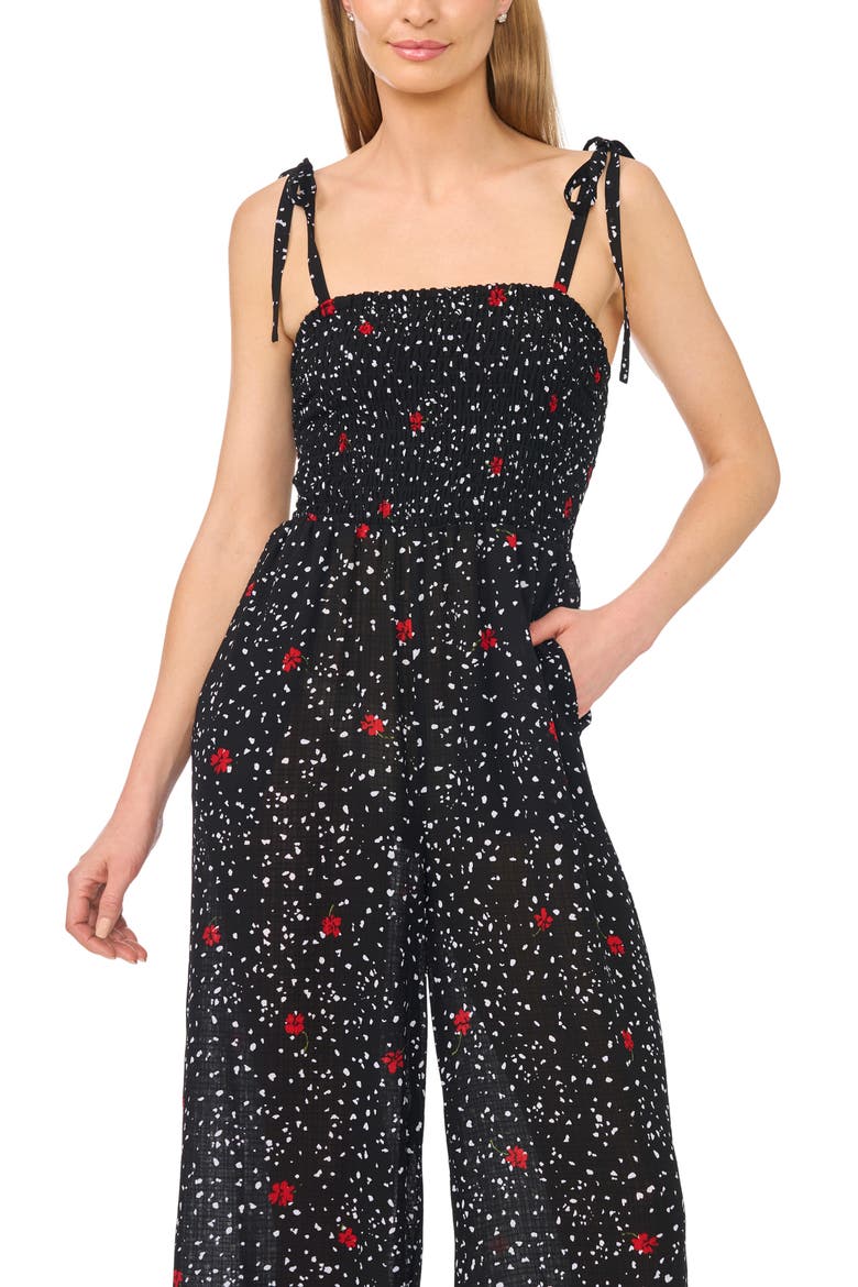 Print Tie Strap Wide Leg Jumpsuit, Alternate, color, RICH BLACK