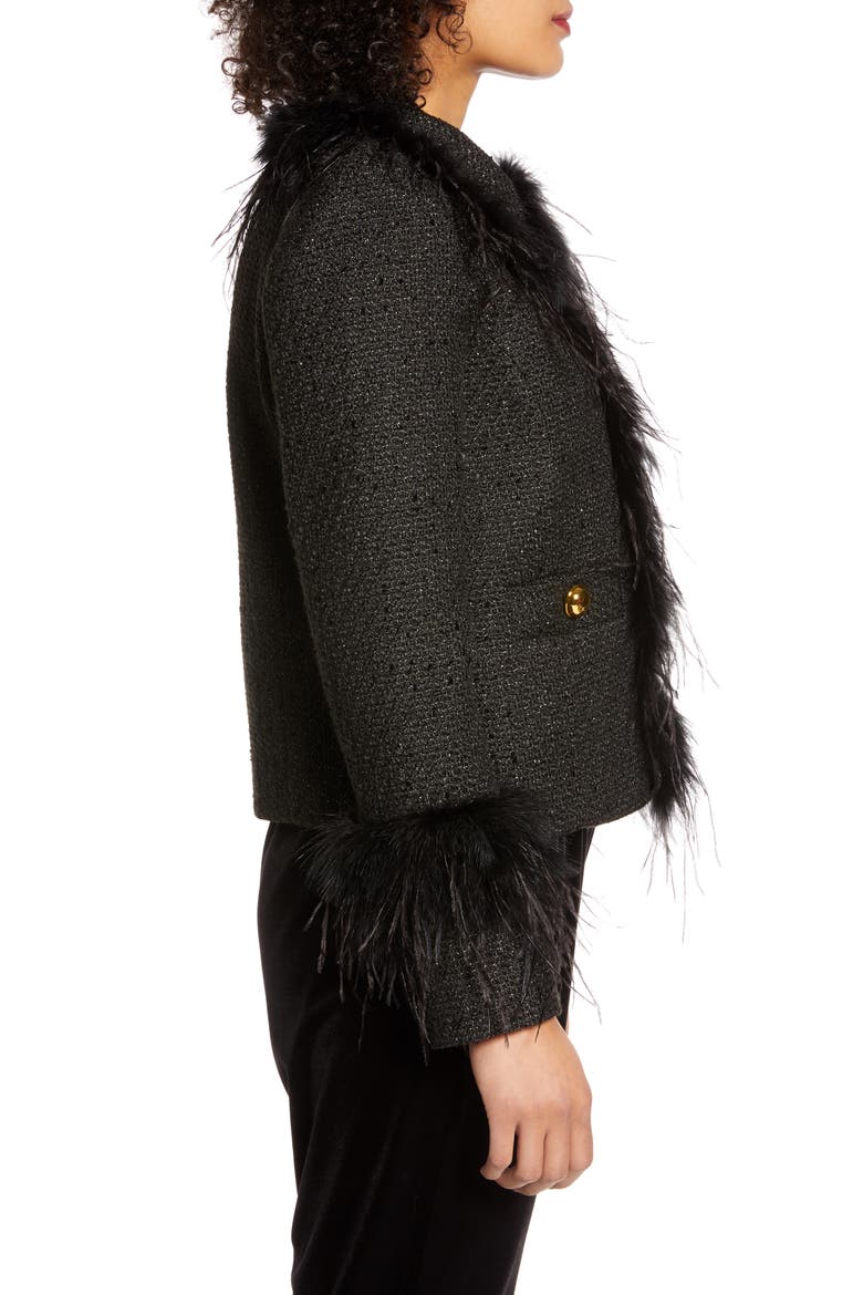 x Atlantic-Pacific Feather Trim Tweed Jacket (Nordstrom Exclusive), Alternate, color, BLACK- GOLD TARA TWEED