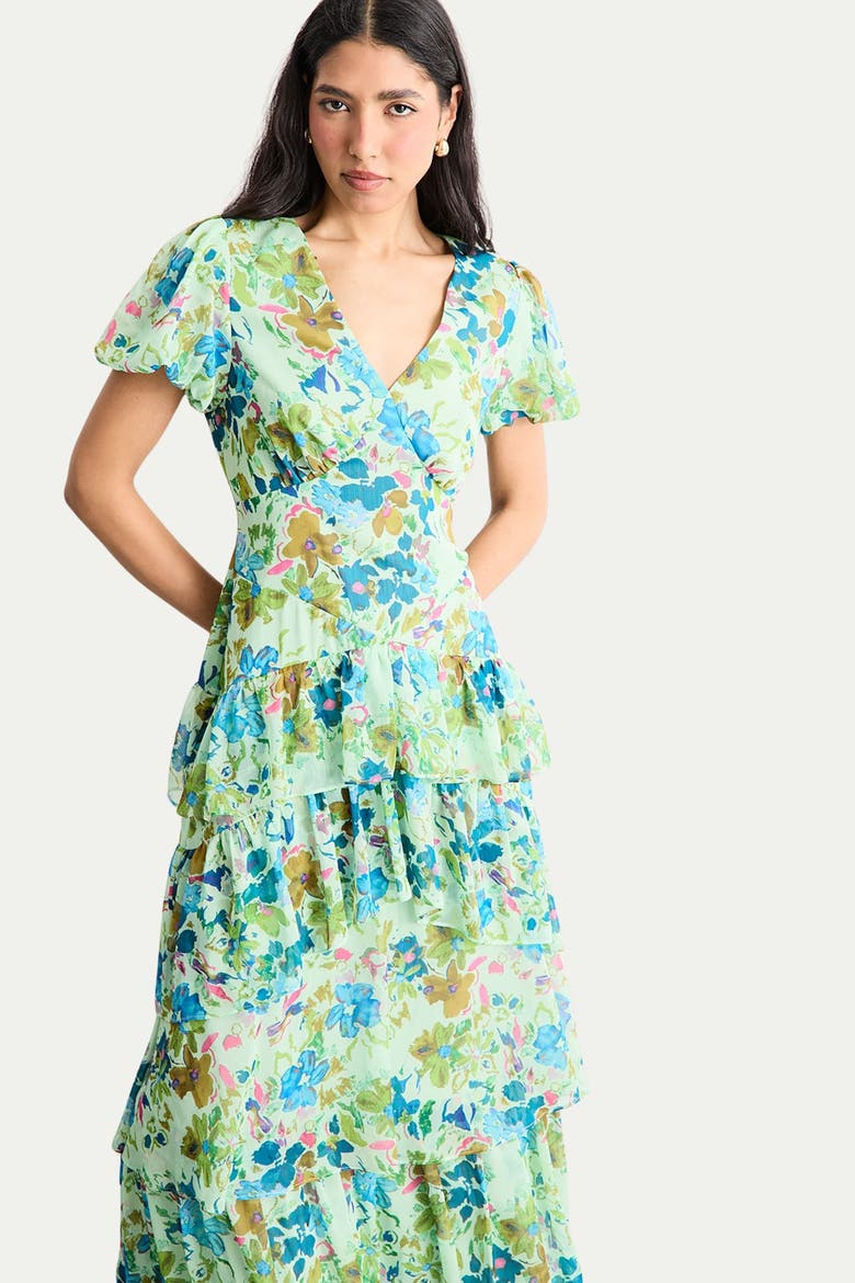 Waist Puff Sleeve Tiered Midi Dress, Alternate, color, Green