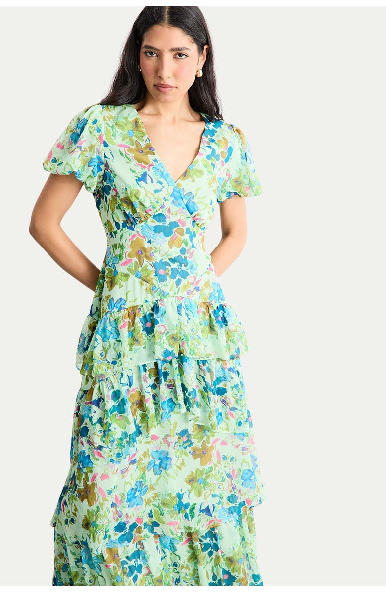 Warehouse Waist Puff Sleeve Tiered Midi Dress, Alternate, color, Green