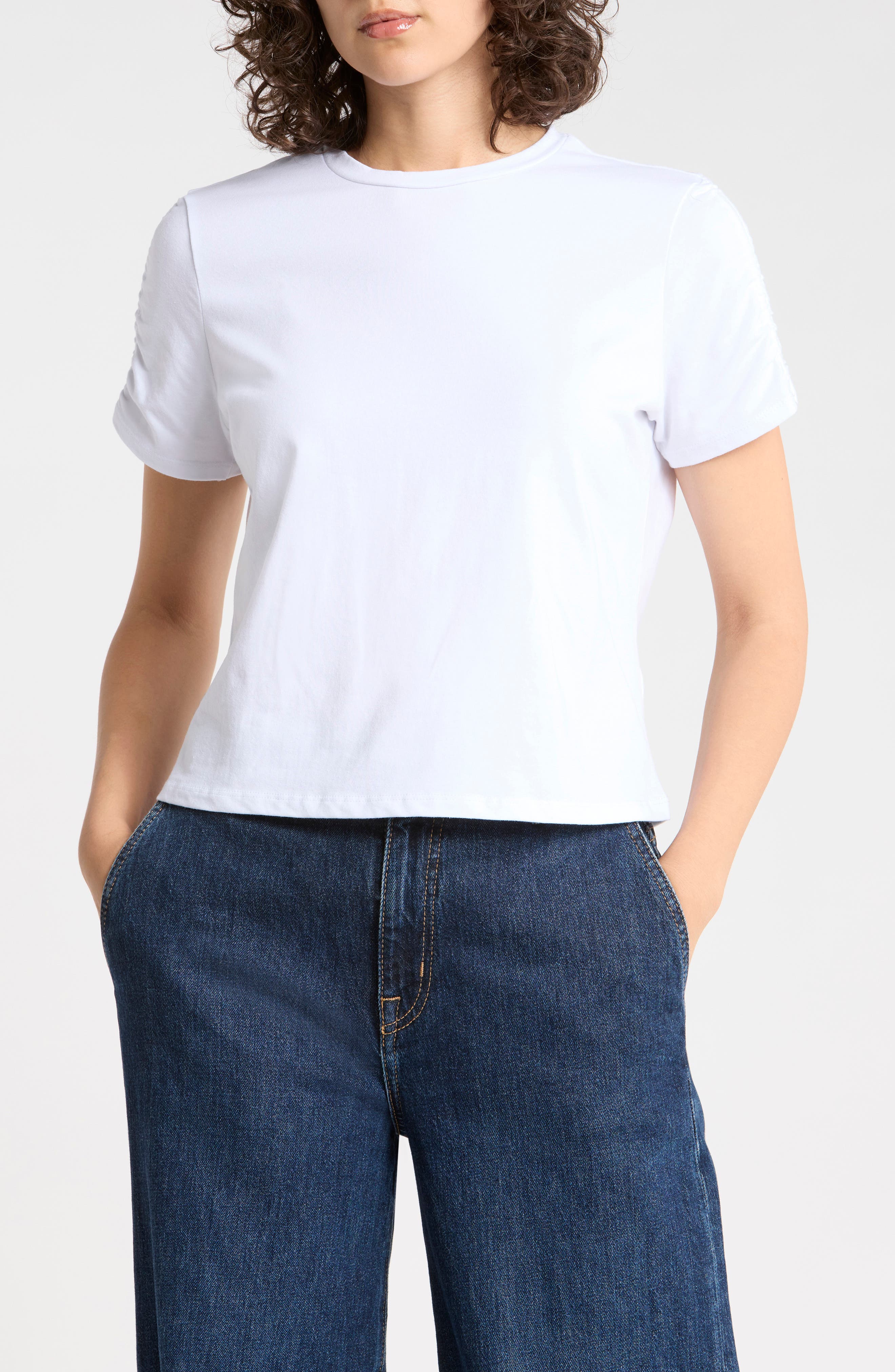 Rallie Ruched Sleeve Cotton T-Shirt