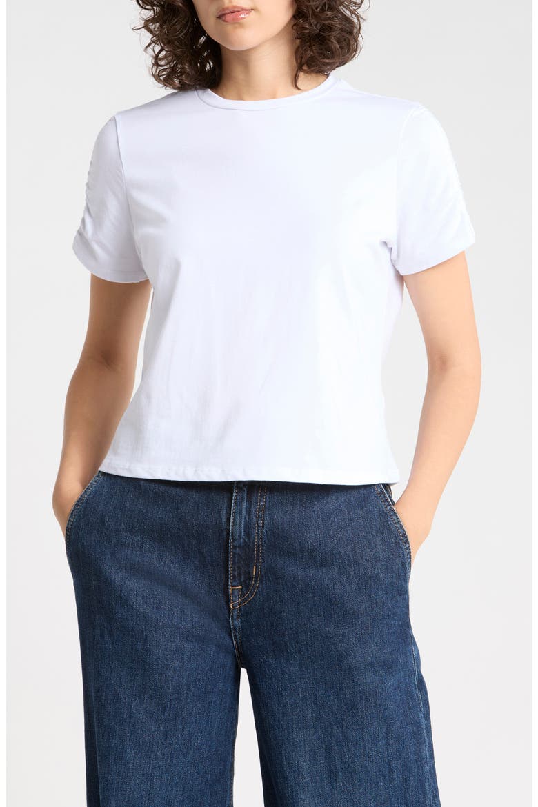 Rallie Ruched Sleeve Cotton T-Shirt, Main, color, WHITE