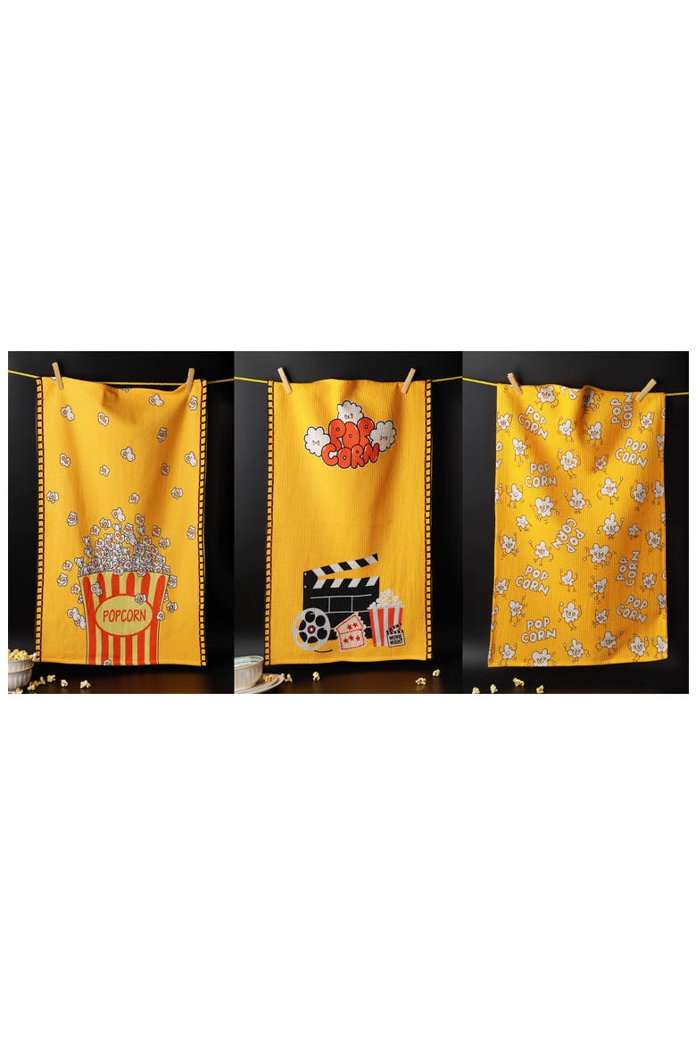 The Movie Night Set of 3 Cotton Kitchen Towels, Alternate, color, YELLOW/ RED/ BLACK