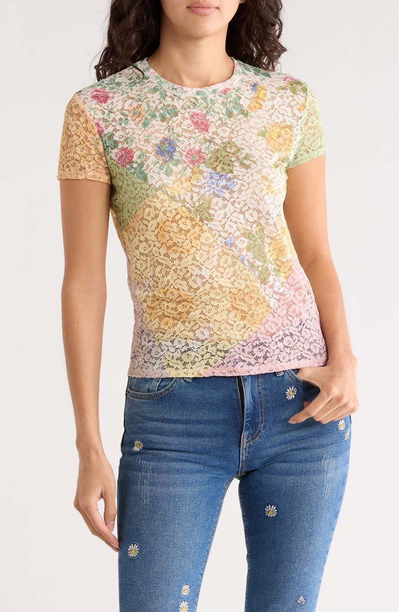 Desigual Floral Lace Short Sleeve T-Shirt, Main, color, 