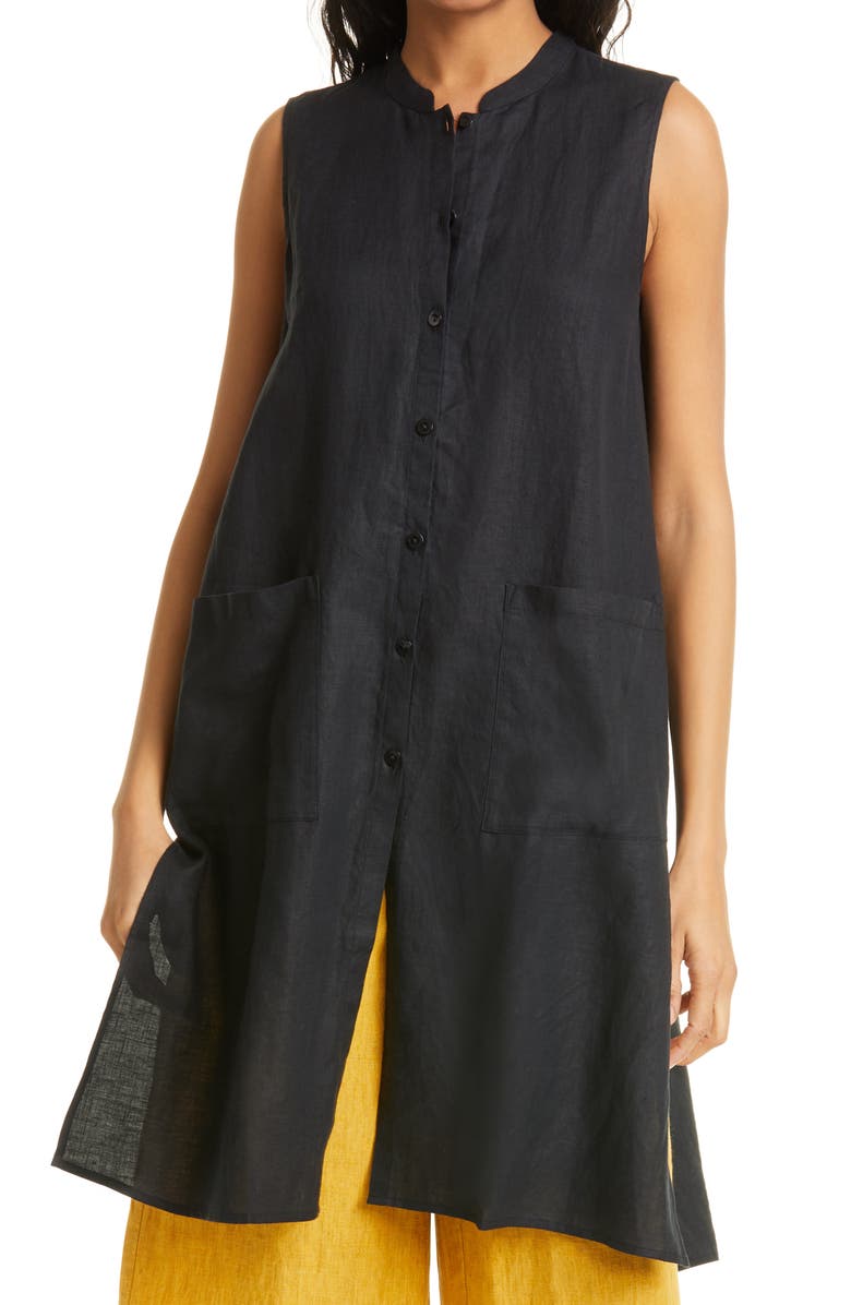 Eileen Fisher Mandarin Collar Sleeveless Organic Linen Tunic Dress, Main, color,