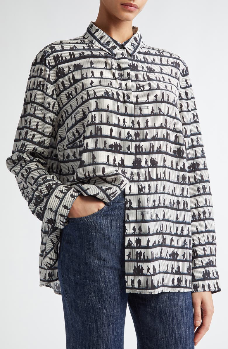 Akris punto People Print Silk Crêpe de Chine Button-Up Shirt, Alternate, color,