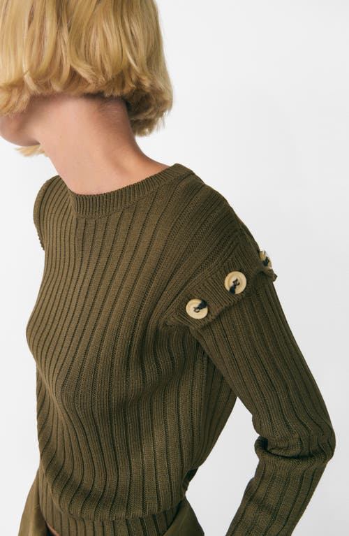 Shop Mango Convertible Cold Shoulder Rib Sweater In Khaki Green