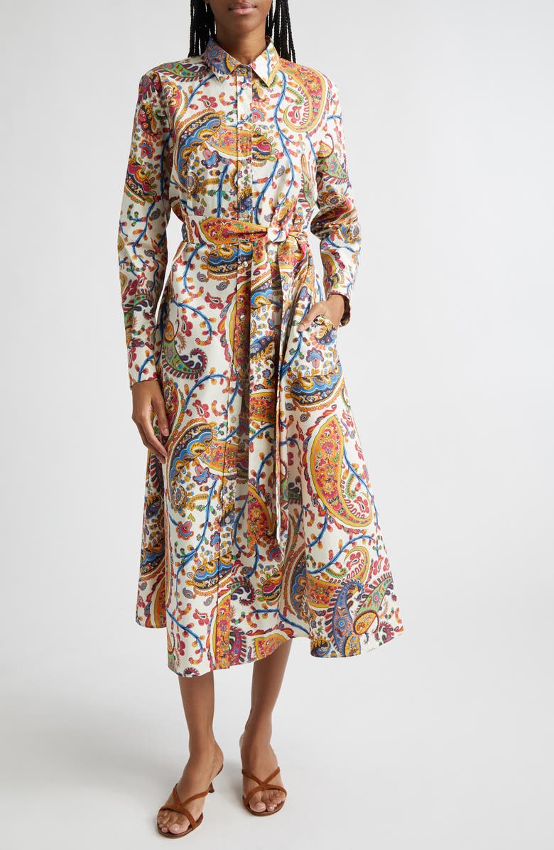 Etro Floral Paisley Belted Cotton Poplin Shirtdress, Main, color, Print On White Base