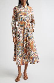 Etro Floral Paisley Belted Cotton Poplin Shirtdress