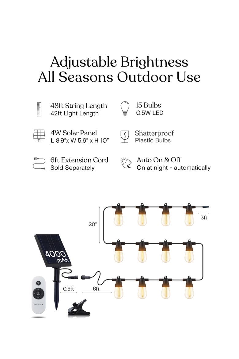 27 ft or 48 ft, Solar-Powered Heavy Duty LED Outdoor String Lights, Weatherproof and Shatterproof Bulbs, Alternate, color, 48 ft 15 Bulbs | Soft White