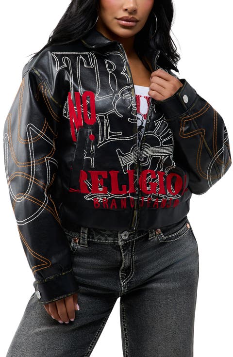 Embroidered Buddha Relaxed Faux Leather Jacket