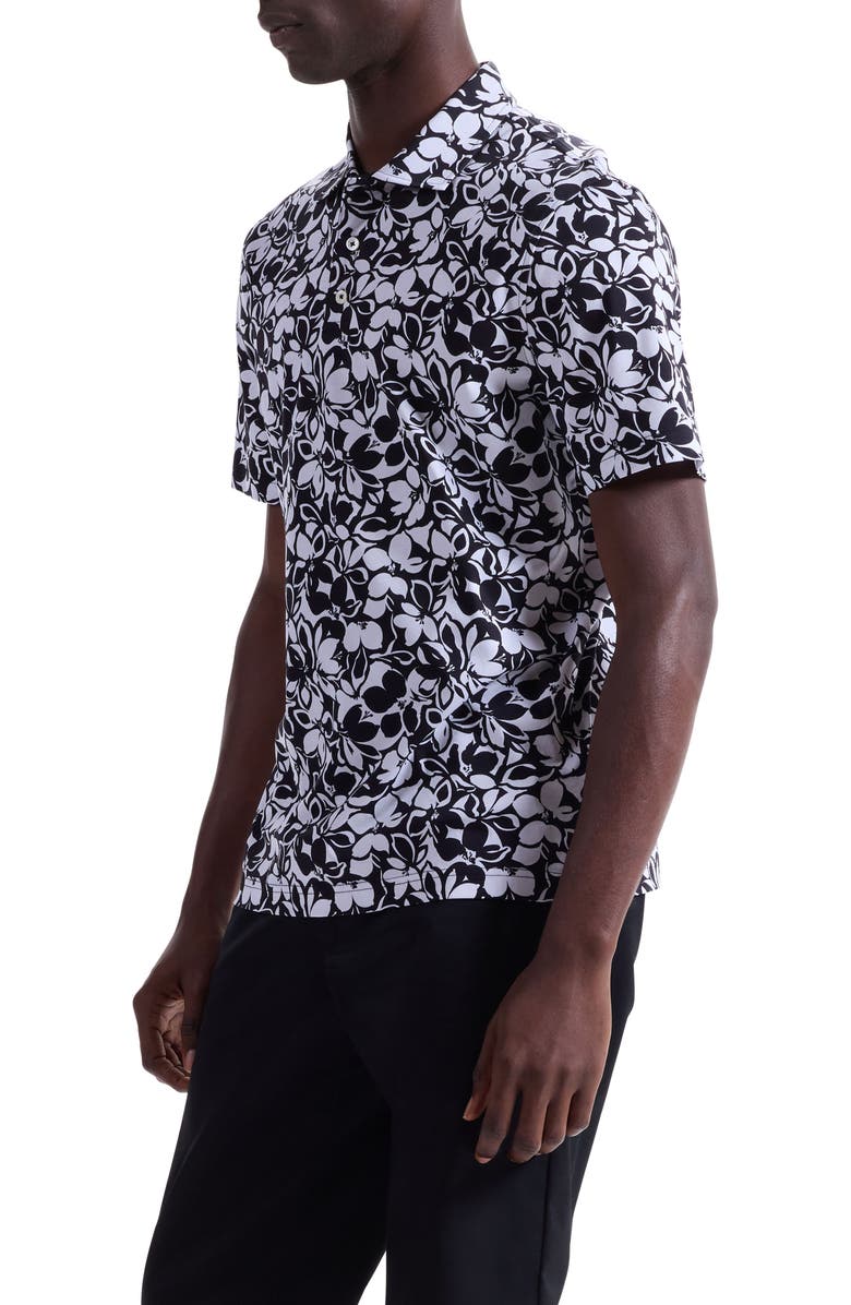 Bugatchi Hendrix Digital Monochromatic Floral Print Pima Cotton Polo, Alternate, color, Black