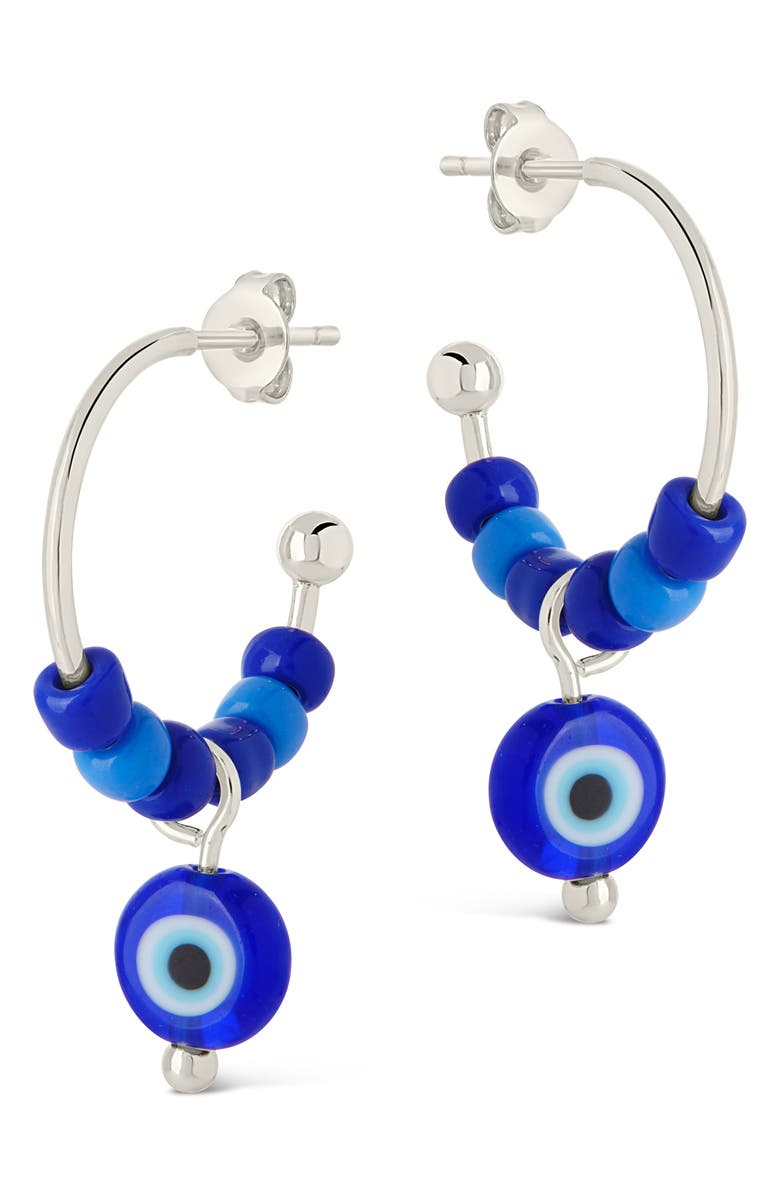 Sterling Forever Sibyl Evil Eye Drop Beaded Hoop Earrings, Alternate, color, Silver